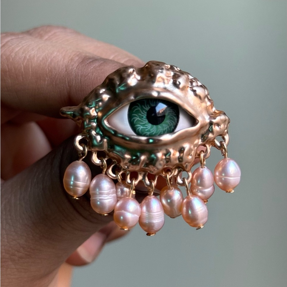 Schiaparelli Inspired Unique Eye Design rose gold  pearls adjustable ring